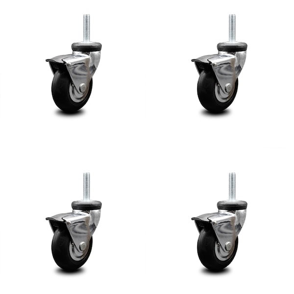 3 Inch Hooded Neoprene Rubber 8mm Threaded Stem Casters with Brakes SCC, 4PK